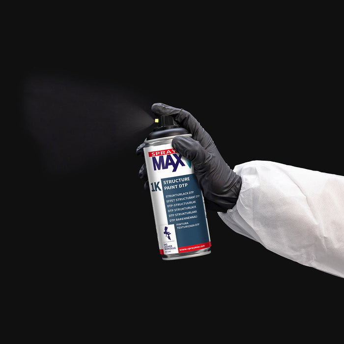 Hand holding a can of SprayMax Structure Paint DTP spray against a black background