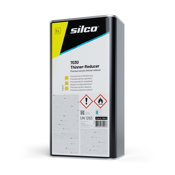 A 5L can of Silco 7030 Thinner-Reducer premium acrylic thinner reducer, featuring a white, gray, black, and yellow label with safety icons, shown on a plain white background.