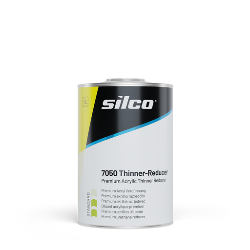 A can of Silco 7050 Thinner-Reducer Premium Acrylic Thinner Reducer, featuring a white and black label with a yellow and blue accent stripe, on a solid white background.