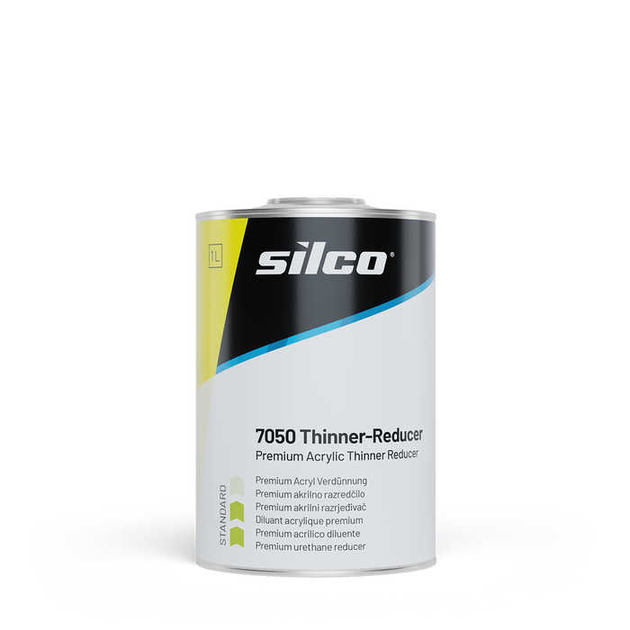 A can of Silco 7050 Thinner-Reducer Premium Acrylic Thinner Reducer, featuring a white and black label with a yellow and blue accent stripe, on a solid white background.