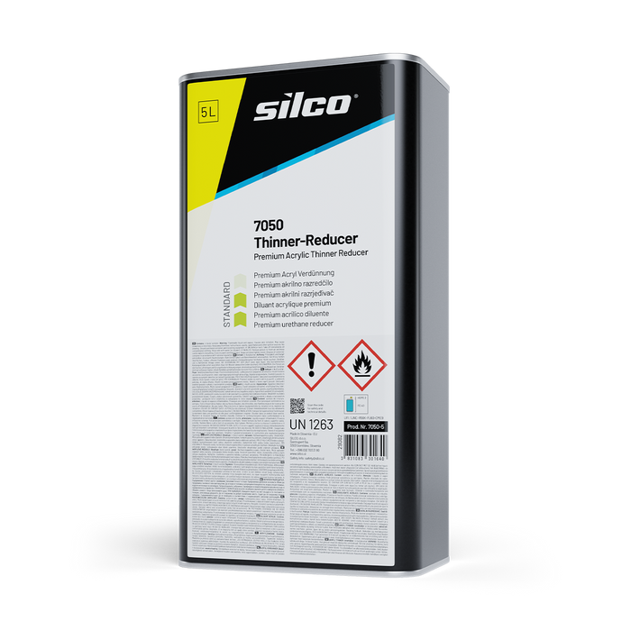A 5L metal can of Silco 7050 Thinner-Reducer premium acrylic thinner reducer, featuring a white, black, and yellow label with safety symbols, shown on a plain white background.