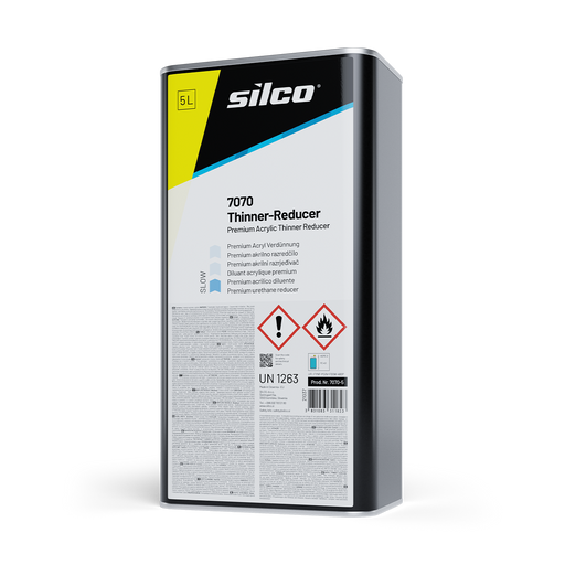 A 5L metal can of Silco 7070 Thinner-Reducer premium acrylic thinner reducer, featuring a white, black, and yellow label with safety symbols, shown on a plain white background.