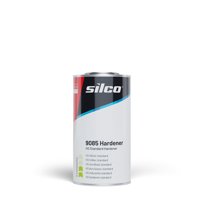 A can of Silco 9085 Hardener, a HS Standard Hardener, shown on a clean white background. The can is white with a black top section, a red accent stripe, and a blue graphic accent.