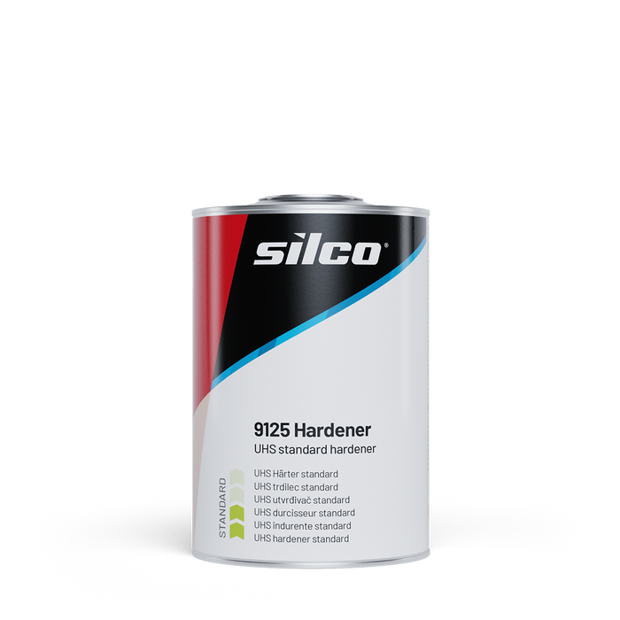 A can of Silco 9125 Hardener, UHS standard hardener, featuring a white label with red, black, and blue brand graphics on a clean white background.