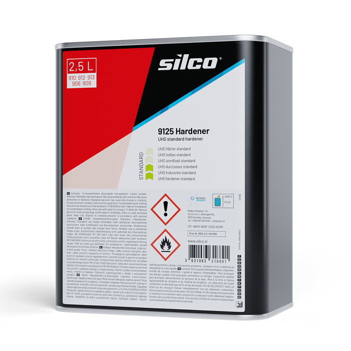 A 2.5 L can of Silco 9125 Hardener, a UNI standards product, shown on a clean white background with a soft shadow.