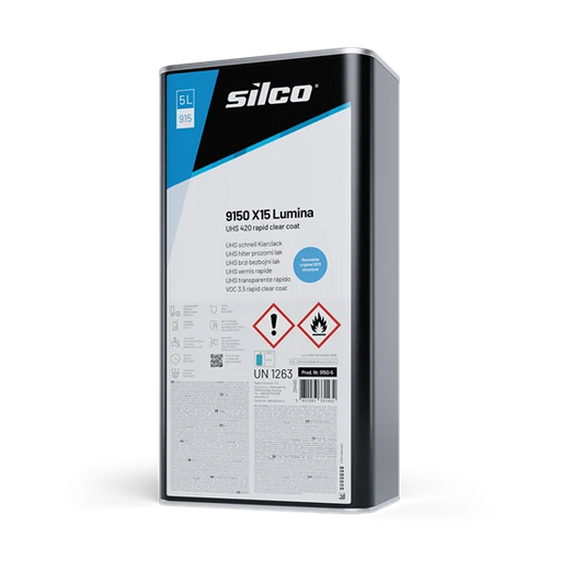 A 5-litre metal canister of Silco 9150 X15 Lumina rapid clear coat, featuring a white and black label with blue accents and safety icons, set against a plain white background.
