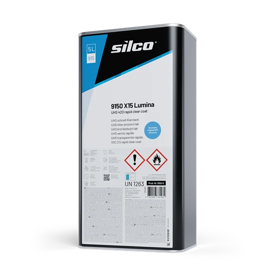 A 5-litre metal canister of Silco 9150 X15 Lumina rapid clear coat, featuring a white and black label with blue accents and safety icons, set against a plain white background.