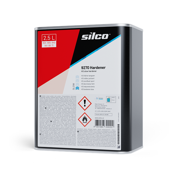 A 2.5L can of Silco 9270 Hardener, a liquid adhesive hardener, shown from a three-quarters angle against a white background.
