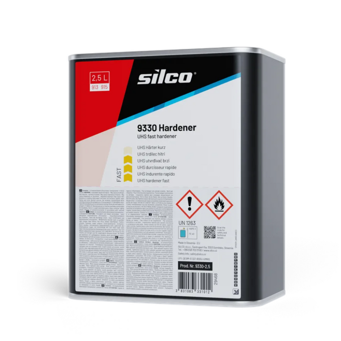 A 2.5L metal can of Silco 9330 Hardener UHS fast hardener, shown at a three-quarter angle on a clean white background.