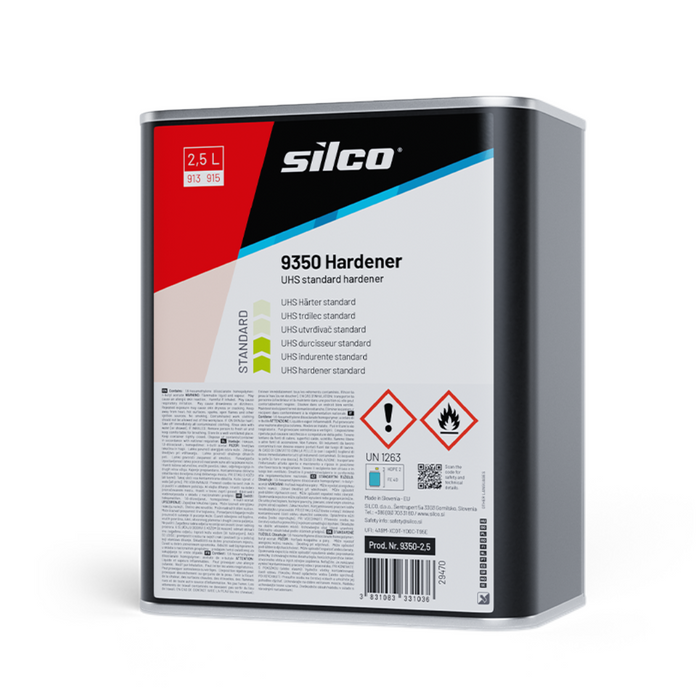 A 2.5L metal can of Silco 9350 Hardener, a UHS standard hardener, shown on a clean white background with a soft shadow. The can features a label with a red, black, and white design, containing product information and safety hazard symbols.