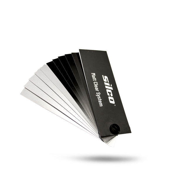 Silco Matt Clear System swatch fan deck, showing multiple color options fanned out against a white background.