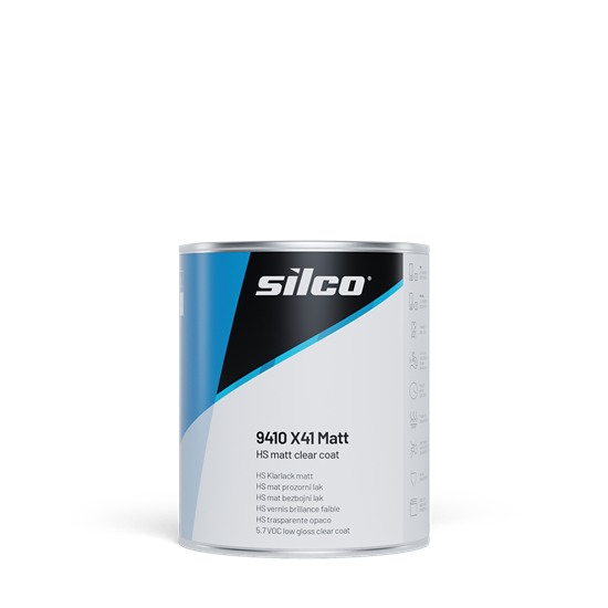 A can of Silco 9410 X41 Matt HS matt clear coat, featuring a white and blue label with a black logo, set against a plain white background.