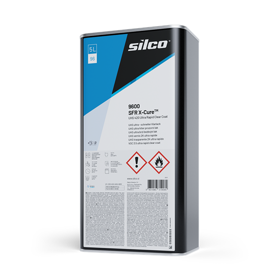 A 5L canister of Silco 9800 SFR X-Cure UHS 2K Ultra Rapid Clear Coat, showing the front of the packaging with product details, warnings, and a barcode on a white background.