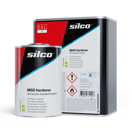 Silco 9650 Hardener in one 1 litre and one 5 litre containers, on a plain white background. The smaller can is white with black and red branding, and the large container is black and silver with product information printed on the side.