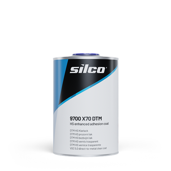 A can of Silco 9700 X70 DTM HS enhanced adhesion coat, featuring a white and black label with blue accents and a blue cap, set against a plain white background.