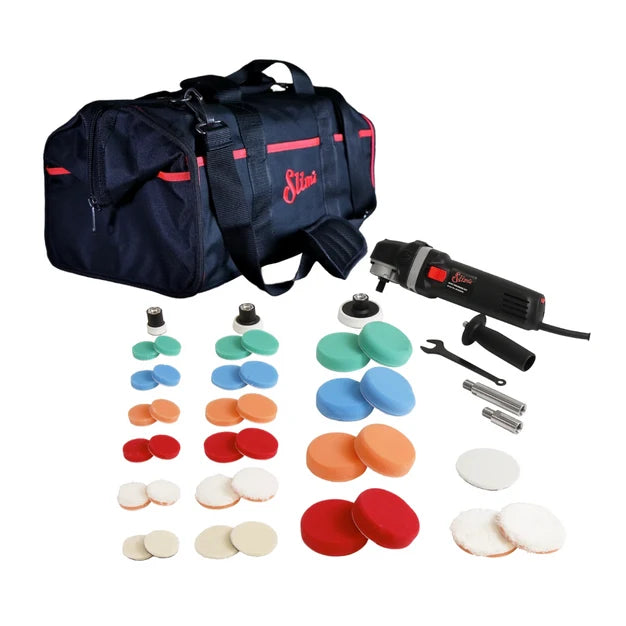 A car polish kit with a black and red electric buffer/polisher, multiple colored polishing pads in blue, orange, red, green, and white, metal mounting hardware, and a dark navy carrying bag with pink accents on a white background.